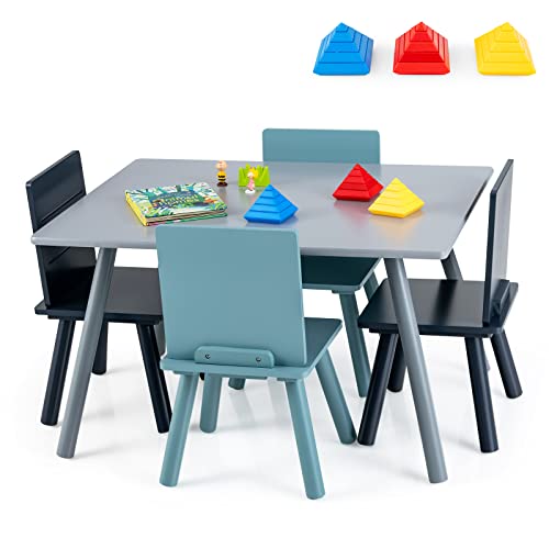 Costzon Kids Table and Chair Set, 5-Piece Toddler Table & 4 Chairs w/Toy Bricks for Arts, Crafts, Snack Time & Homework, Classroom Playroom Daycare Furniture for Boys & Girls Age 3-7 (Grey, Blue)