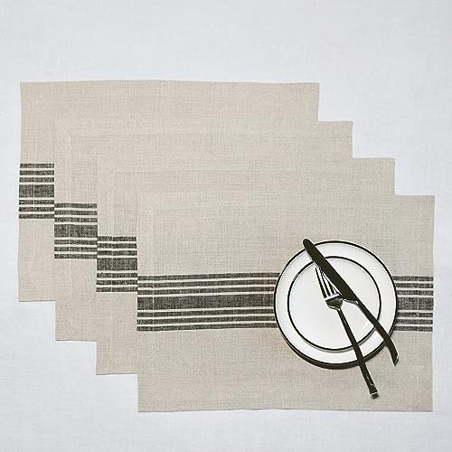 Solino Home Linen Placemats Black and Natural – 100% Pure Linen Farmhouse Placemats 14 x 19 Inch – Machine Washable Tablemats for Spring, Summer – Set of 4, Handcrafted from European Flax