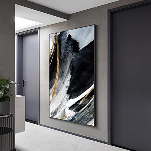 HYFBH Large Black and White Gold Abstract Modern Posters Oil Painting on Canvas In Living Room Wall Art Decorative Picture 100x180cm/39x71inch With-Black-Frame