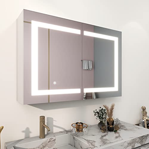 MIRPLUS 36x24 inch Medicine Cabinet with LED Mirror, 6000K Lighted Aluminum Bathroom Cabinet with Touch Switch, Wall Mounted Double Door Large Storage Cabinet with Adjustable Shelves Full Light