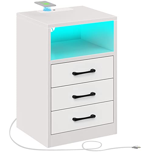 Rolanstar Nightstand with Wireless Charging Station and LED Lights, Tool Free Quick Install Modern End Table with 3 Drawers, Side Table for Bedroom, White