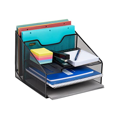 Mind Reader Network Collection, 3-Tier, 5-Compartment Desktop Organizer with 2 Vertical File Holders and 3 Horizontal Paper Trays, Desktop Organizer, Metal Mesh, Black