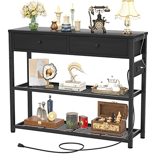 Ecoprsio Entryway Table with Outlets and USB Ports, Console Table with 2 Drawers, Sofa Table Narrow Long with Storage Shelves for Living Room, Couch, Hallway, Foyer, Kitchen Counter, 32'', Black