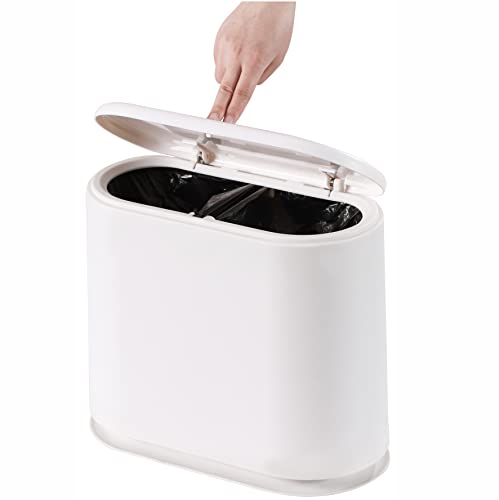 Slim Plastic Trash Can with Press Top Lid - White