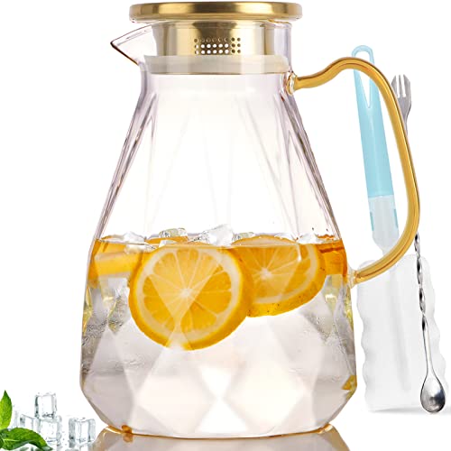 Yirilan Glass Pitcher,74 oz/2.2 Liter Water Pitcher With Lid,Iced Tea Pitcher for Fridge,Glass Water Carafe With Lid, Glass Water Jug,Large Drink Pitcher For Juice, Milk, Cold Or Hot Beverages,2 Quart