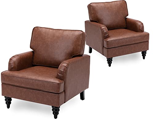 Kmax Accent Chairs PU Leather Modern Arm Sofa Chair Comfy Single Club Chair with Thick Cushion for Living Room Bedroom Set of 2, Brown
