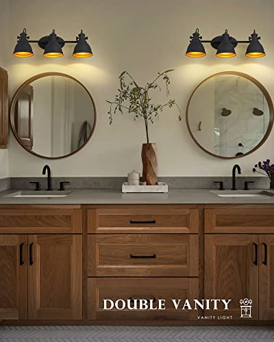 Audickic Industrial Bathroom Vanity Lamp, 3-Light Wall Mounted Vanity Lighting Fixture Over Mirror, Black Metal Frame, AD-2152-3W