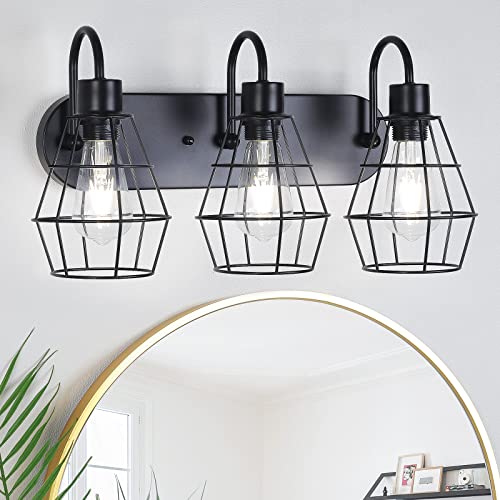 Mlambert 3-Light Industrial Bathroom Vanity Light, Vintage Metal Cage Wall Sconce, Rustic Farmhouse Wall Light Fixture, Wall Lamps for Bedroom, Living Room, Mirror Cabinet, Black (Bulb Not Included)