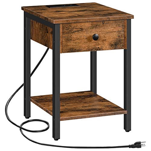 HOOBRO Nightstand, End Table with Charging Station and USB Ports, Side Table with Drawer and Storage Shelf, Bedside Table for Small Spaces and Bedroom, Rustic Brown BF401BZ01