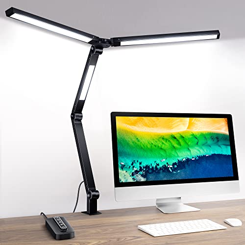MediAcous LED Desk Lamp with Clamp, Three Lights Desk Light for Home Office, Flexible Swing Arm, Control Box, 4 Color Modes & 4 Brightness, Memory Function, Eye-Caring Clip-on Lamp for Workbench, 20W