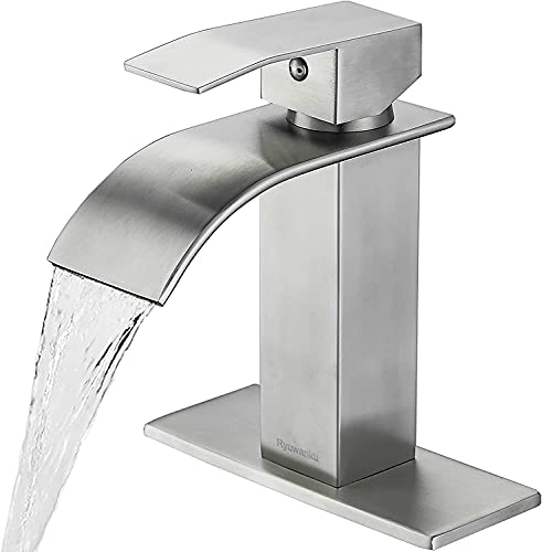 Ryuwanku Bathroom Faucet Brushed Nickel Modern Waterfall Bathroom Sink Faucet with Single Handle Suitable for 1 or 3 Holes,Supply Deck Plate and Hose