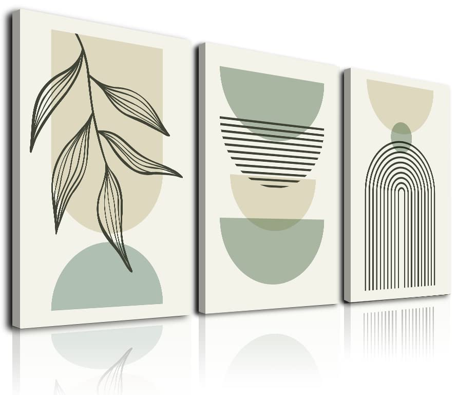 Sage Green Boho Wall Art Set of 3, Minimalist Framed Wall Art Geometric Line Leaf Beige Green Canvas Artwork Paintings, Abstract Botanical Boho Room Decor, Sage Green Wall Posters & Prints for Living Room, Bedroom, Bathroom, Office, 12"x16"