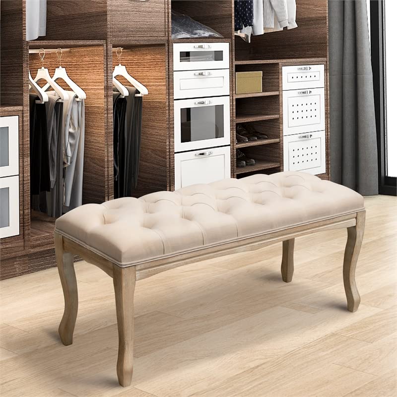 Beige Tufted Wood Bed Bench Ottoman Footrest