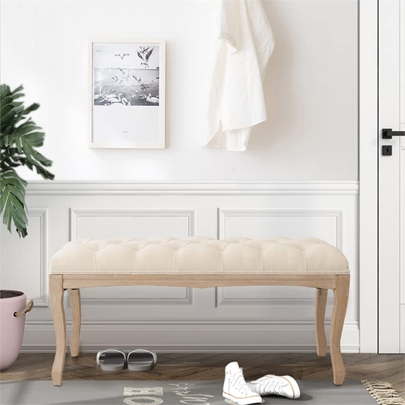 Beige Tufted Wood Bed Bench Ottoman Footrest