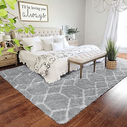 Light Grey Fuzzy Shag Area Rug 6x9
