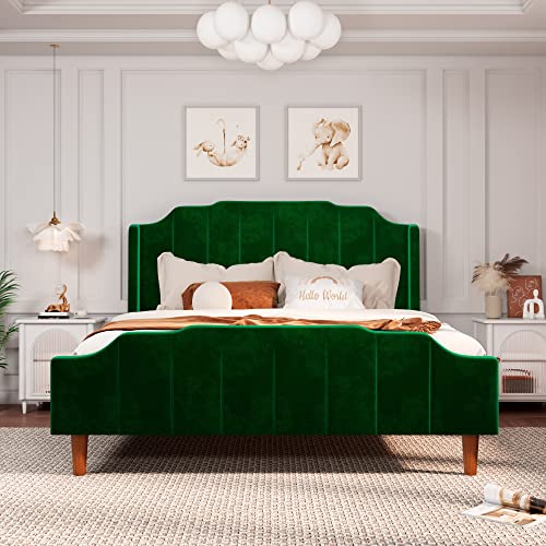 Allewie Queen Size Velvet Bed Frame Upholstered Platform Bed with Vertical Headboard and Footboard, Solid Wood Leg and Strong Slats Support, No Box Spring Needed, Easy Assembly, Green