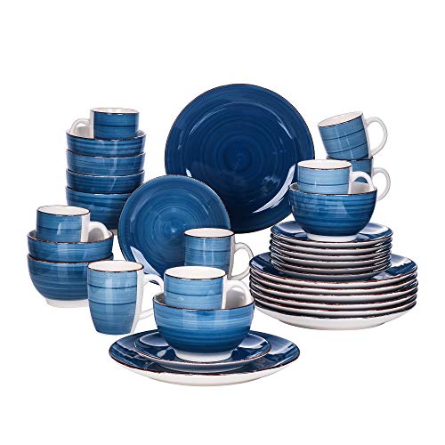 vancasso Stoneware Dinnerware Set, Bella 32 pieces Set of 8 Stoneware Dinner Set with Dinner Plates, Salad Plates, Bowls, Mugs, Microwave Dishwasher Safe - Blue
