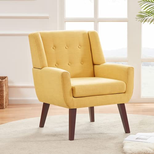 HUIMO Accent Chair, Button Tufted Upholstered Sofa Chairs, Comfy Linen Fabric Armchair for Bedroom, Reading, Mid-Century Modern Living Room Chair (Yellow)