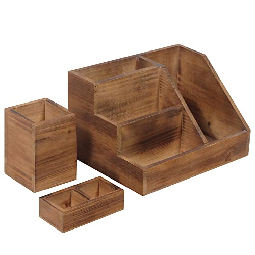 HBCY Creations 3 PIECE Rustic Wooden Desk Organizer Set- Rustic Mail Organizer For Desktop - Great For Rustic or Industrial Home Decor! Rustic Makeup Organizer For Vanity