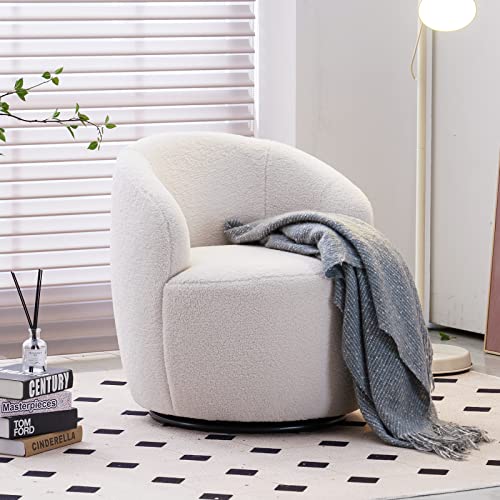 CALABASH Swivel Barrel Chair for Living Room, Accent Round 360° Swivel Club Chairs, Upholstered Teddy Modern Arm Chairs for Nursery, Bedroom, Office, Hotel(White)