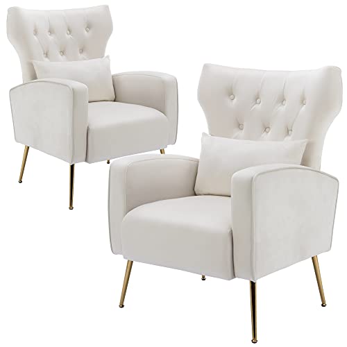 DM Furniture DM-Furniture Accent Chairs Set of 2 Comfy Velvet Armchair with Gold Legs/Wing Back Upholstered Reading Chair Lounge Chairs for Bedroom Living Room, Cream, Hh- Cream