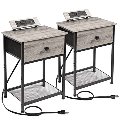 AMHANCIBLE Nightstands Set of 2, Small End Tables Living Room with Charging Station, Night Stands with USB Ports & Power Outlets, Slim Side Table with Drawers for Bedroom HET03SDPGY(Greige)