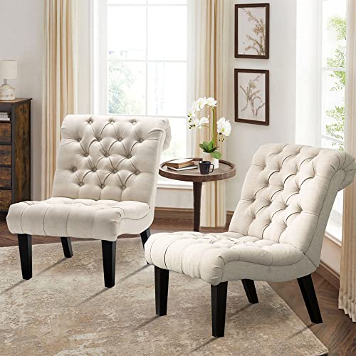 Yongqiang Accent Chairs Set of 2 Modern Armless Living Room Bedroom Chairs Upholstered Button Tufted Slipper Chairs with Solid Wood Legs Cream Fabric