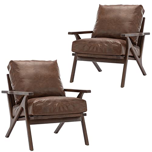 ZHENGHAO Brown PU Leather Accent Chair Set of 2, Mid Century Retro Armchair Comfy Reading Chair for Small Space, Upholstered Lounge Chairs with Wood Frame for Living Room Bedroom Fireplace