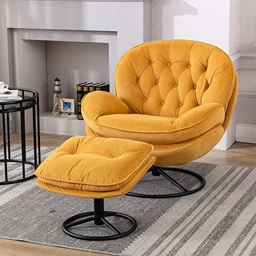 Velvet Swivel Accent Chair with Ottoman Set, Modern Lounge Chair with Metal Base Frame & Footrest, Comfortable Single Leisure Sofa Chair Reading Chair with 360 Degree Swiveling for Living Room, Yellow