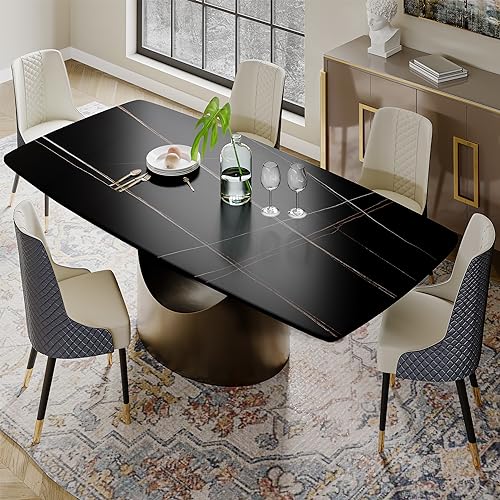 POVISON Modern Dining Table, 71 Inch Black Dining Room Table for 6, Sintered Stone Table Top, Rectangular Pedestal Dining Table with Gold Carbon Steel Base for Kitchen & Dining