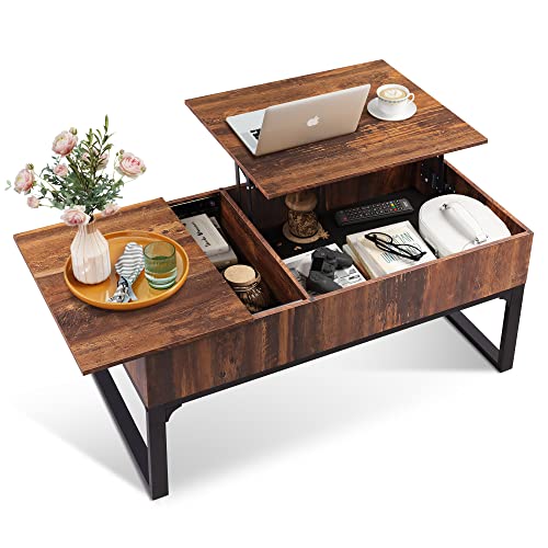 WLIVE Lift Top Coffee Table for Living Room,Modern Wood Coffee Table with Storage,Hidden Compartment and Drawer for Apartment,Home,Retro Brown.