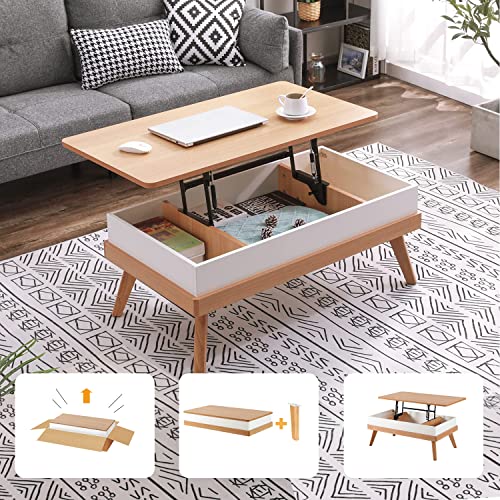 Bidiso Lift Top Coffee Table, Easy-to-Assembly Center Table with Hidden Storage Compartment, Lift Tabletop Dining Table for Living Room Reception/Home Office, Oak