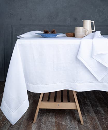 D'Moksha Tablecloth White 60 x 120 Inch for Rectangle Tables, Pure Linen Hemstitch Tablecloths 120 inches Long for Summer, Wedding, Party, Outdoor, Machine Washable