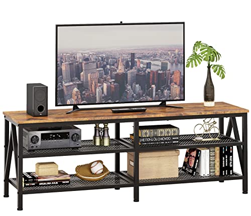Furologee TV Stand for 60 65 inch TV, Long 55" Entertainment Center TV Console, TV Table with 3-Tier Open Storage Shelves, Industrial TV Cabinet with Metal Frame for Living Room, Rustic Brown