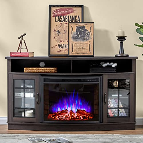 AMERLIFE Curved Fireplace TV Stand with 26'' Electric Fireplace, Media Entertainment Center Farmhouse Glass Door Storage Cabinet, Open Shelve Console Table for TVs up to 65'', Espresso