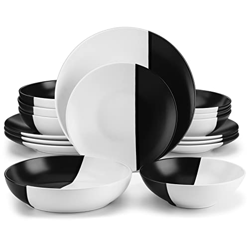 vancasso ACCEL Dinnerware Set, 16-Piece Service for 4, Dinner Plates, Dessert Plates, Pasta Bowls, Cereal Bowls, Black&White