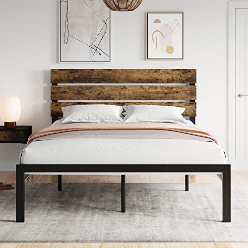 MERRLAND Bed Frame Queen Size with Rustic Wood Headboard, Heavy Duty Platform with 17 Sturdy Metal Slats, No Box Spring Needed, Easy Assemble, Dark Brown