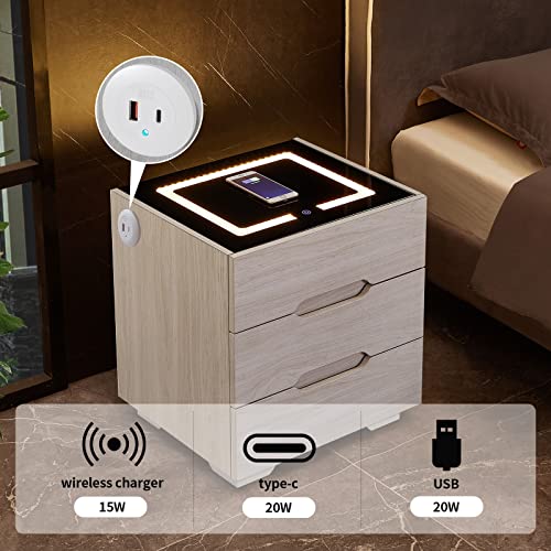 Modern White Nightstand with Wireless Charging and LED Lights