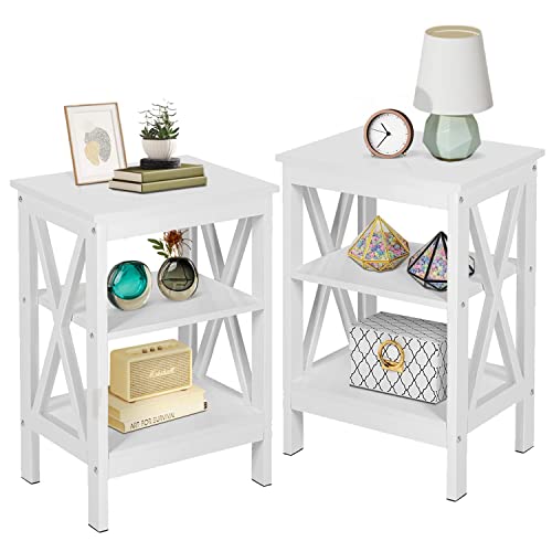 VECELO Nightstand Sofa Side Table with 3-Tier Storage Shelf for Living Room, Bedroom, Stable Steel Frame, Easy Assembly, End 2 Set, White