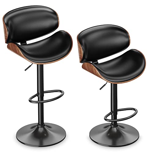 ONME Bar Stools Set of 2, Bentwood Adjustable Height Swivel Bar Stools, PU Leather Upholstered Bar Chair with Back and Footrest for Bar, Kitchen, Dining Room