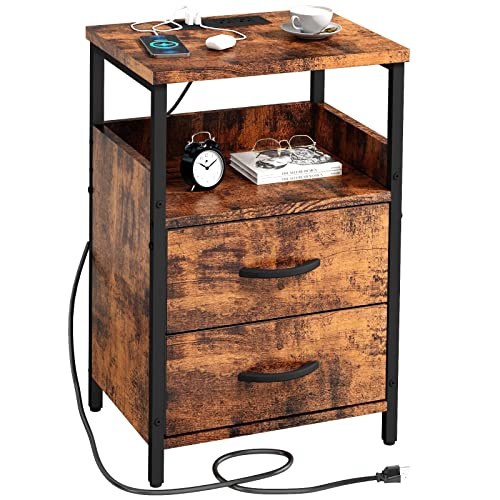 KHLJJU End Table with Charging Station, Nightstand with Fabric Drawer, Small Side Table for Small Spaces, Vintage Bedside Tables with USB Ports and Outlets for Living Room, Bedroom, Office