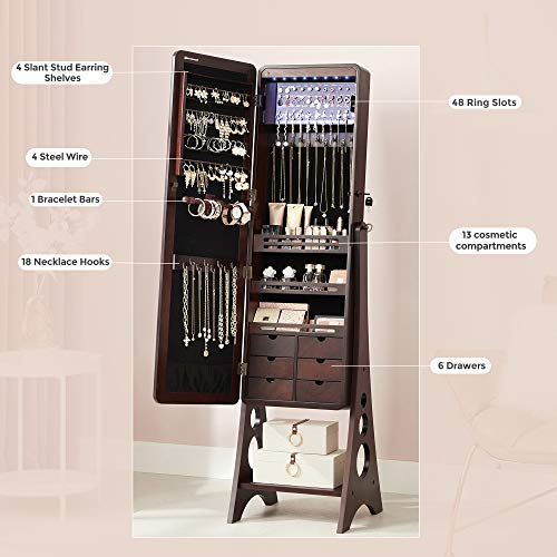 SONGMICS 8 LEDs Jewelry Cabinet Armoire with Beveled Edge Mirror, Gorgeous Jewelry Organizer Large Capacity Brown Patented UJJC89K