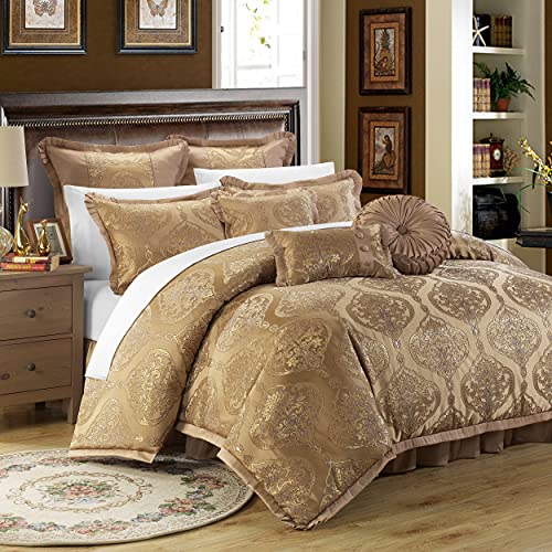 Gold Jacquard Motif King Comforter Set with Pillows