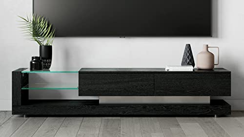 Zuri Furniture Etta 71 Inch Black Oak and Tempered Glass TV Stand with Storage