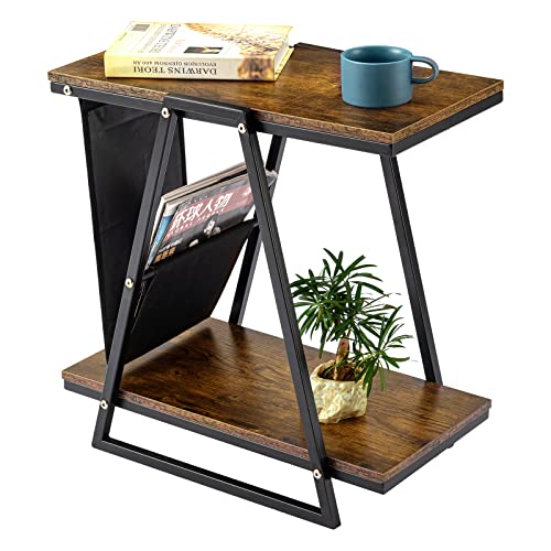 Gannyfer Small Table - Side End Table for Samll Spaces, Skinny Bedside Table with Magazine Holder, Slim End Tables Nightstand Bedroom, Industrial Rustic Record Player Stand(Retro Brown)