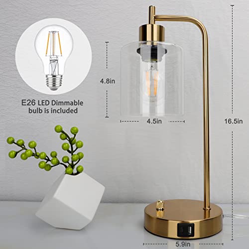 Gold Industrial Desk Lamp with USB Ports