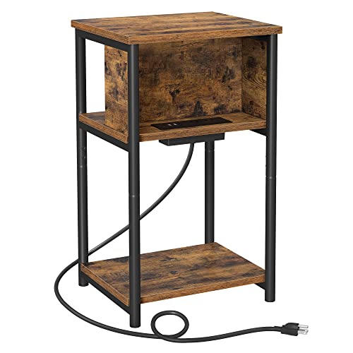 VASAGLE Side Table with Charging Station, 3-Tier End Table with USB Ports and Outlets, Nightstand for Living Room, Bedroom, 11.8 x 13.4 x 22.8 Inches, Plug-In Series, Rustic Brown and Black ULET373B01