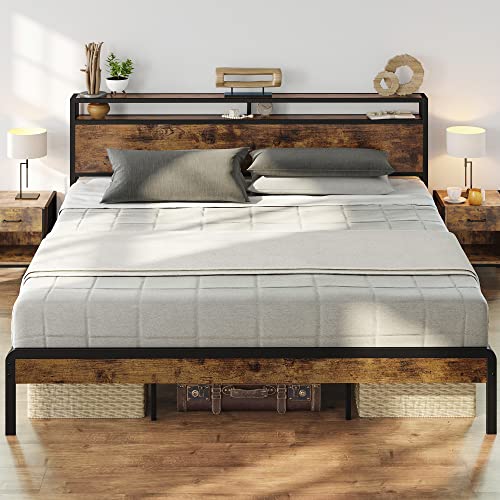 LIKIMIO King Size Bed Frame, Platform Bed with 2-Tier Storage Headboard, Solid and Stable, Noise Free, No Box Spring Needed, Easy Assembly,Vintage Brown