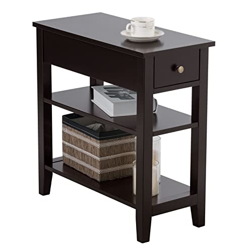 KOTEK 3-Tier End Table with Drawer and 2 Open Storage Shelf, Narrow Side Table Slim End Table Nightstand for Living Room, Bedroom, Office (Brown)