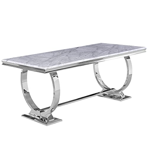 ACEDÉCOR Modern Dining Room Table with Silver Stainless Steel Metal U-Base in Grey Silver